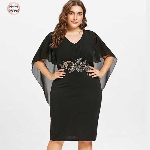 

fashions party dress women plus size 5xl embroidery capelet sheer v neck big sleeves dress vestidos half size designer clothes, Black;gray