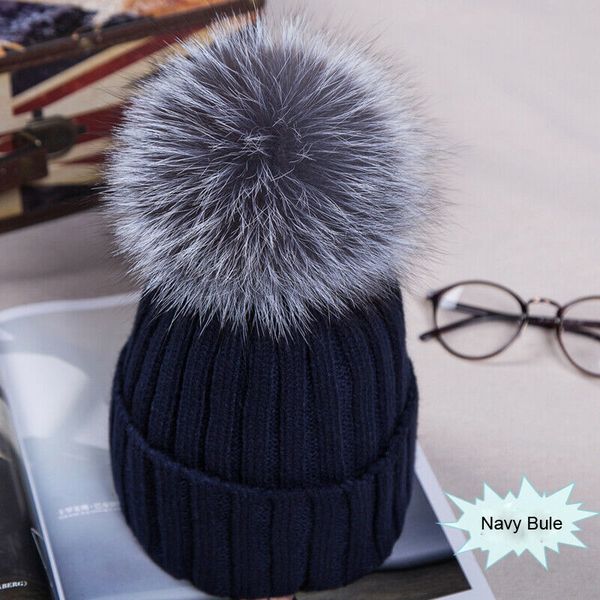 

meihuida winter women pom pom beanies warm soft knitted bobble girl fur pompom hats fashion real raccoon ski wear, Blue;gray