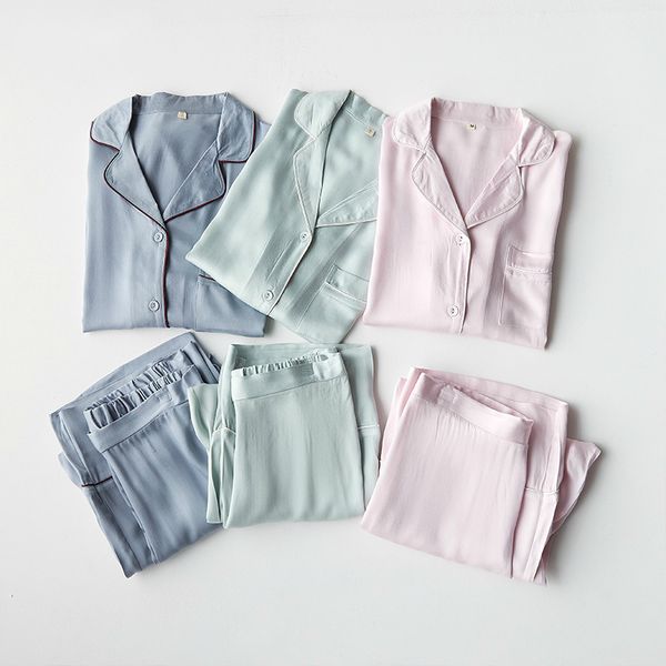 

2019 new elegant high-end four color solid satin lapel pajamas long sleeve calf-length pants sleepwear women home clothes, Black;red