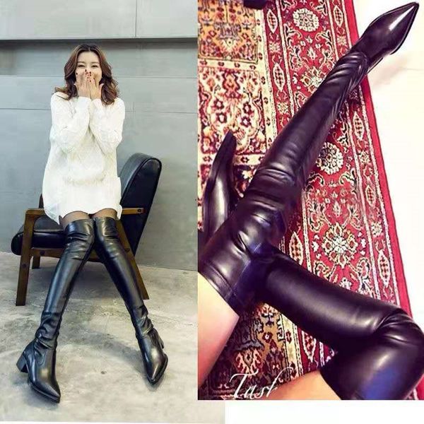 

european and american fashion long leg boots fashion slim elastic leg pointed boots flat bottom thick heel knee high boots, Black
