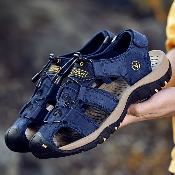 

summer men's sandals 2020 new outdoor trendy breathable male flat running sandals casual hook&loop male beach shoes 38-48 size, Black