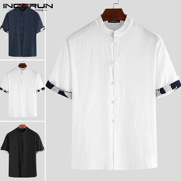 

incerun chinese style men vintage shirt cotton stand collar button patchwork short sleeve streetwear casual shirts men 2019, White;black