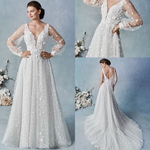 

simple a line wedding dresses v neck long sleeve applique backless ruched wedding gown sweep train robe de mariÃ©e, White