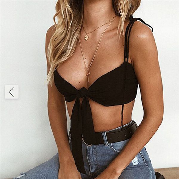 

2019 hot sexy женщин глубокий v шеи бинты передний узел tie crop топы без рукавов лук camis короткие привязали top high street canis, White