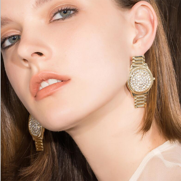 

women's unique design of simple crystal watch earrings, rhinestone personalized gold / silver earrings, jewelry gifts