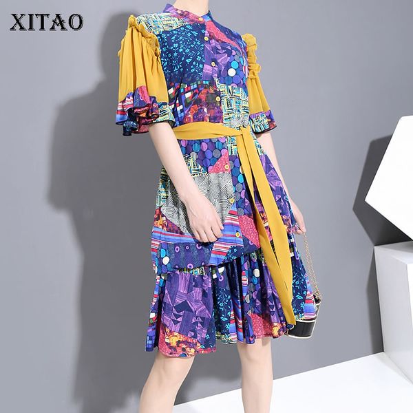 

xitao hit color patchwork striped print dress sashes women clothes 2020 summer stand collar short sleeve elegant dress dmy5041, Black;gray