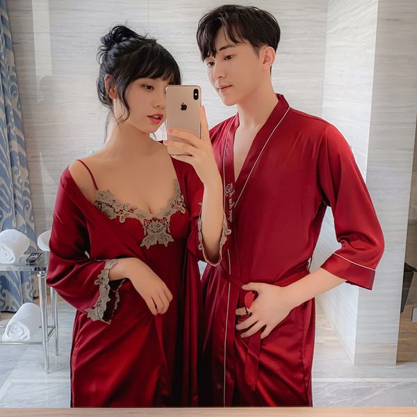 

fate with chest pad slip nightdress viscose nightgown piece couples pajamas wedding morning gowns women's tracksuit men, Black;red