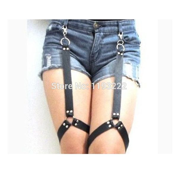 

wholesale punk shorts garters, handmade rock rivet leather leg garter, adjustable garter belt thigh loop, Black;white