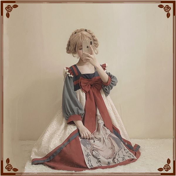 

chinese style sweet lolita dress ink-wash printing retro chest hanfu victorian dress kawaii girl loli cos gothic lolita op, Black;red