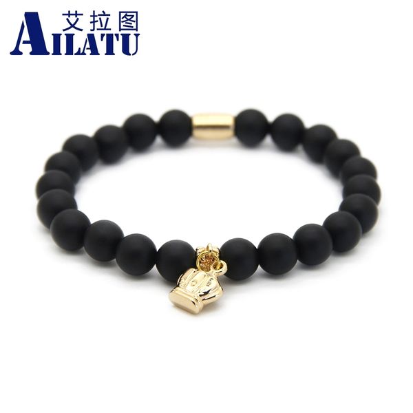 

ailatu 10pcs fashion jewelry wholesale 8mm real matte onyx stone king crown bracelet, Golden;silver
