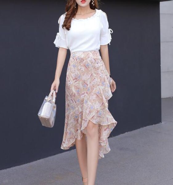 

skirts floral skirt ruffled bag hip wholesale asymmetric mid chiffon, Black