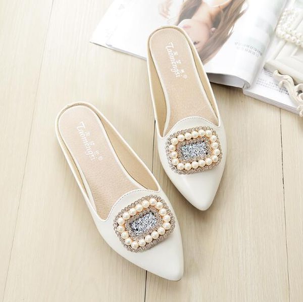 

women summer lazy rhinestone slippers soft sole flat heel fashion lady square buckle pointed toes outdoors non-slip slippers, Black