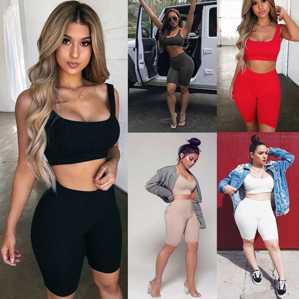 

women's bodycon 2 pieces outfit straps crop tank high waist shorts pants solid women casual skinny clothes set, Gray