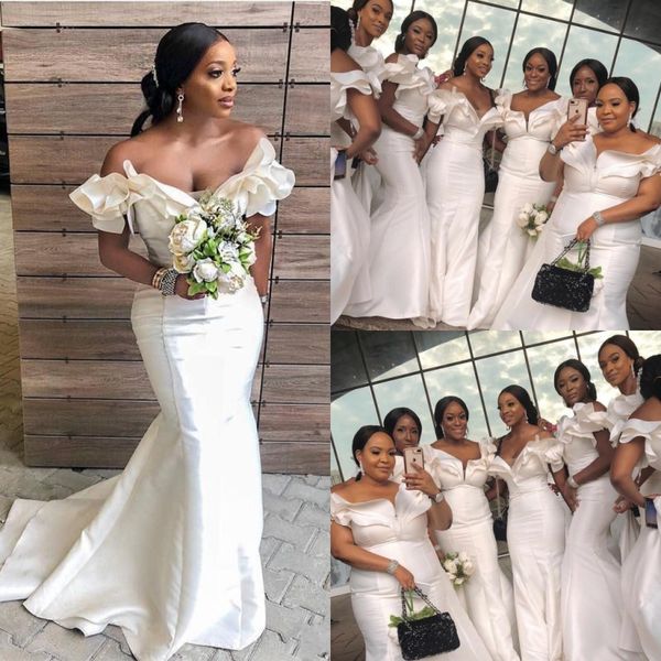 

african white mermaid bridesmaid dresses for wedding plus size off shoulder ruffles maid of honor gowns satin sweep train bridesmaid dress, White;pink
