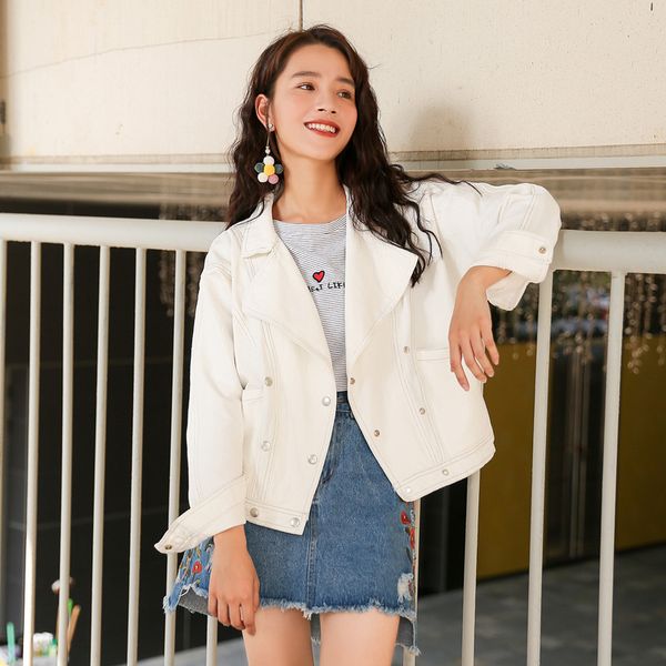 

2019 white black ripped solid double breasted denim jacket women autumn jeans jackets clothes outerwear womens jackets and coats, Black;brown