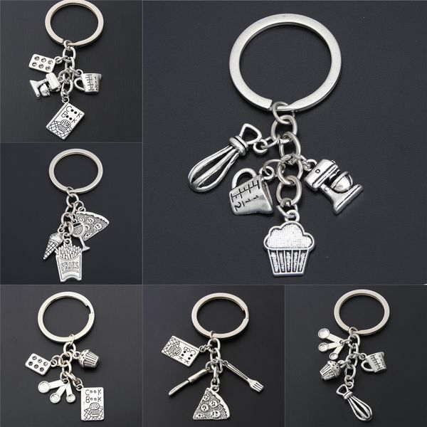 

western bake cooking chef keyring mom cake pizza fries kitchen supplies tools charm keychain diy creative men women jewelry friend gift, Slivery;golden