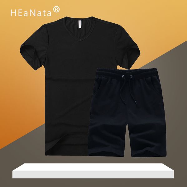 

summer 2020 new men tracksuit pure color v-neck sleeve t-shirt with shorts two pieces sets men slim fashion sportswear suit, Gray