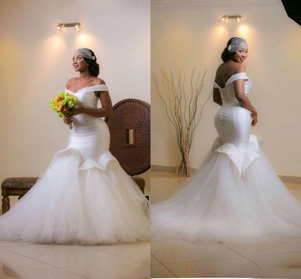 

elegant off shoulder mermaid wedding dresses 2019 ruffle sleeveless beads arab bridal dress sweep train real image lace up wedding gowns, White