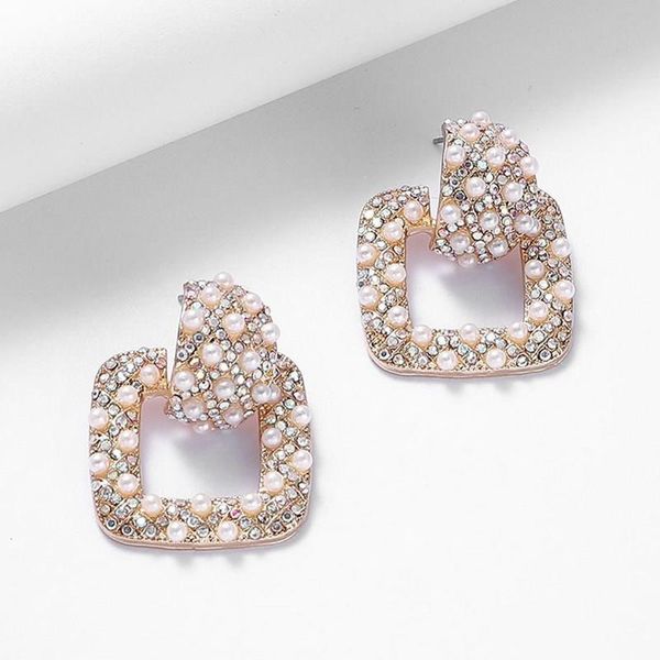 

fashion shining pearl big geometric earrings gold color square rhinestone drop earring women party jewelry, Silver