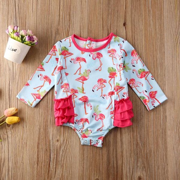 

baby girl blue flamingo printed ruffled long sleeve swimsuit swimwear infant summer beach one pieces bikini tankini bathing suit