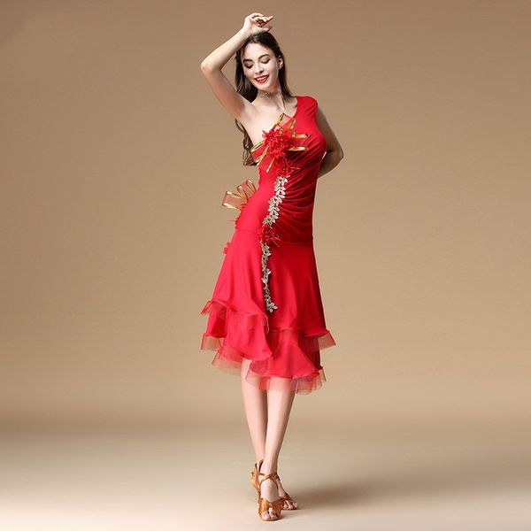 

new fashion women latin dance dress stage competition practice costume female ballroom dance dress performance wear, Black;red