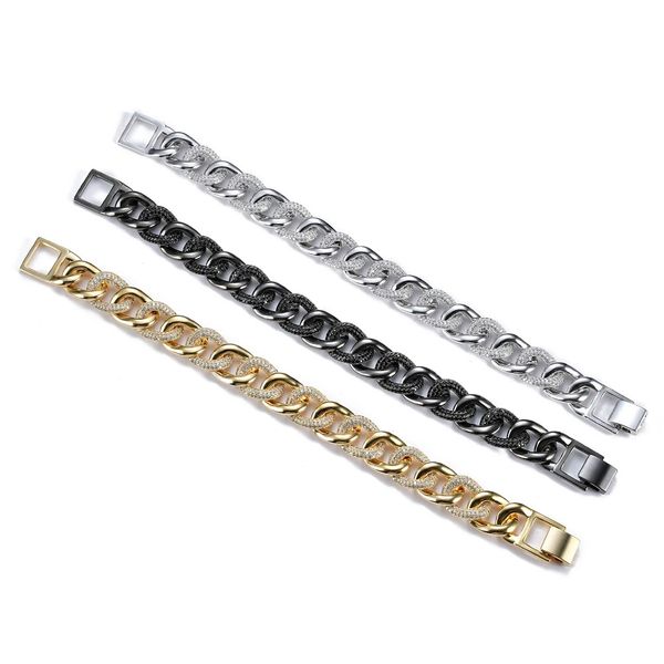 

hip hop full diamonds link chain bracelet for men luxury copper zircons 7.5 inches cuban chains bracelets 3 colors golden silver black
