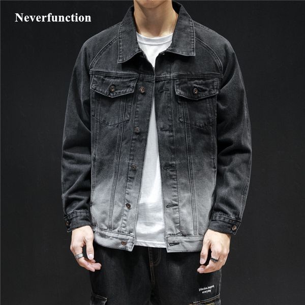 

men new vintage black and white gradient cotton casual denim jeans jacket autumn streetwear slim motorcycle coat outerwear, Black;brown