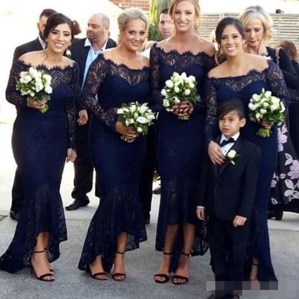 

navy blue lace mermaid bridesmaid dresses high low 2020 off the shoulder long sleeves scalloped neck plus size maid of honor gown, White;pink