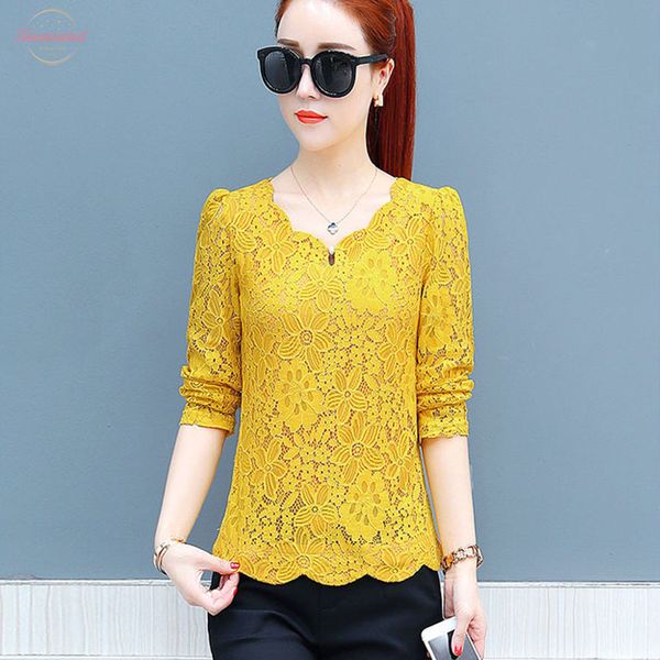 

blusas feminina korean spring cap sleeve autumn women vestidos sweet loose long sleeve yellow lace shirts female df2247, White