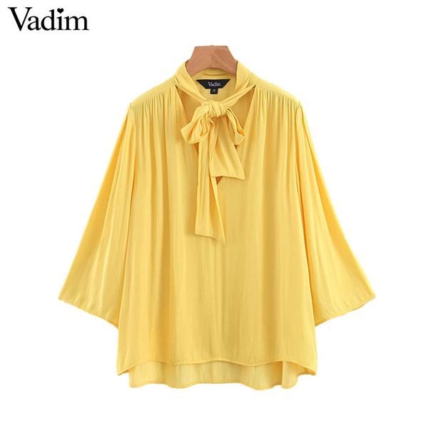 

vadim women elegant yellow blouse bow tie v neck three quarter sleeve irregular shirts female casual chic blusas lb176, White