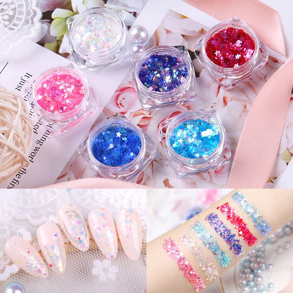 

1box holographic glitter sequins star heart pigment glitter chrome nail flakies diy decoration, Silver;gold