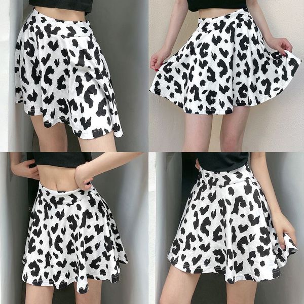 

women high waist skirt ruffle flared a-line pleated skater mini skirt black white milk cow printed zipper closure streetwear