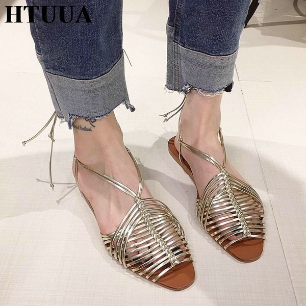 

htuua 2020 new brand design women sandals fashion narrow band flats gladiator sandals casual summer beach slides shoes sx3868, Black