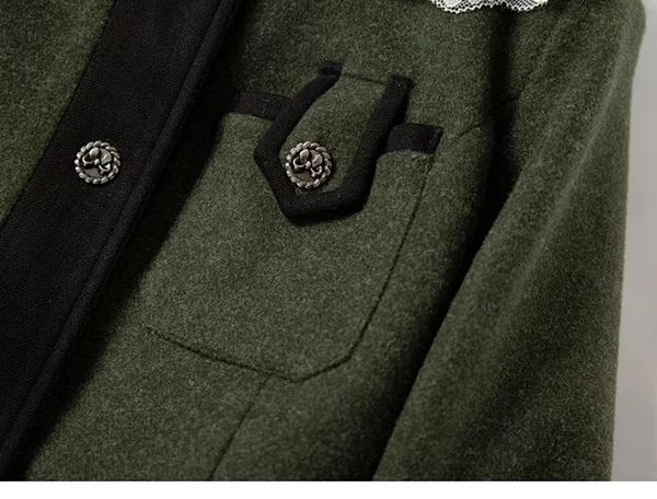 

2019 autumn and winter new lace doll collar waist wool long coat, Black