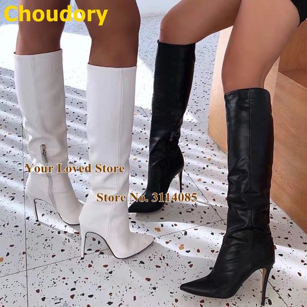 

boots choudory matte leather knee white black pointed toe stiletto heel long zipped concise tall dress shoes