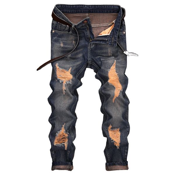 

slim casual ripped jeans for men 2019 autumn retro hole mens pants cotton denim trouser male plus size jeans men, Blue