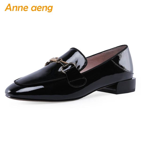 

2019 new spring genuine leather women pumps low heel square toe metal fashion casual women cow leather shoes black loafers, Black;white