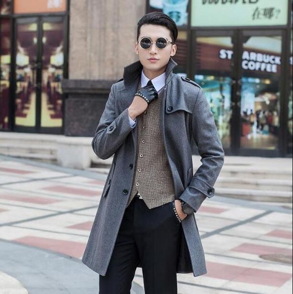 

blue medium-long wool coat men jackets and coats mens slim wool winter single breasted trench coats teenager outerwear s - 9xl, Black