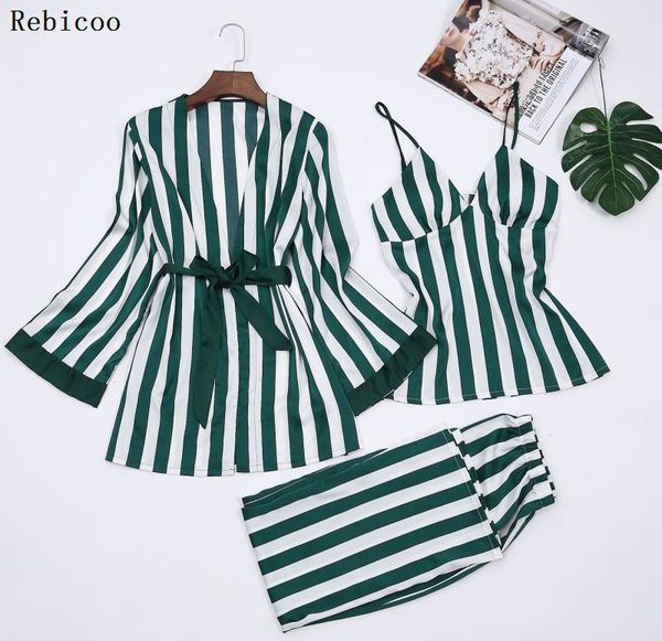 

striped women pajamas nightgown+robe+pant female 3 pcs pajama set, Black;red