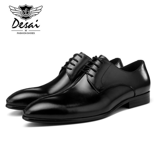 

2019 spring new pointed men's genuine leather shoes layer leather england dress shoes business formal great design, Black