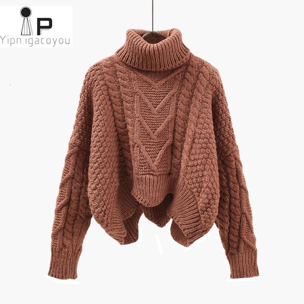 

thickened sweater women autumn winter korean style loose twist knitted short design pullover turtleneck black brown female y190929, White;black