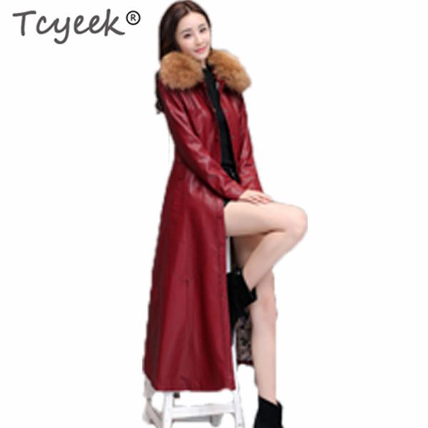 

tcyeek winter leather jacket women clothes 2019 korean x-long faux leather coat + real raccoon fur ladies chaqueta mujer lw1123, Black