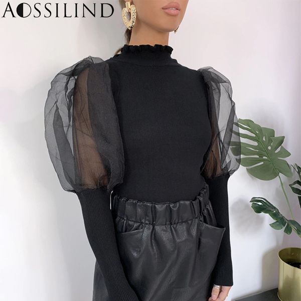 

aossilind black high neck long sleeve t shirt female autumn mesh patchwork streetwear elegant women shirt, White