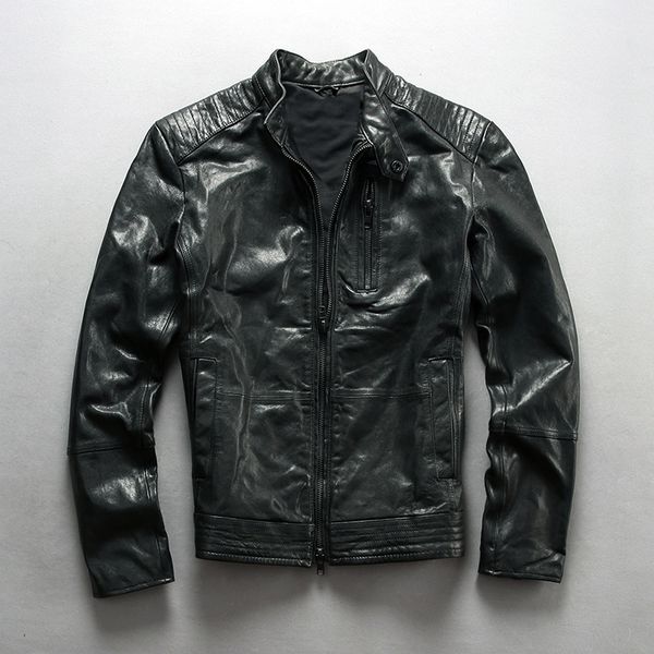 

2018 men's fashion genuine leather jacket slim fit biker jacket men black real leather coat sheepskin motorcycle