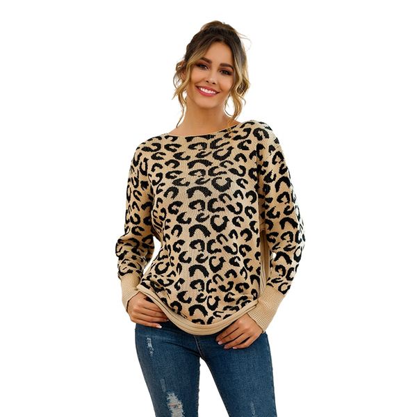 

women autumn sweaters fashion concise casual all-match leopard printed long sleeve loose round collar sweater, White;black
