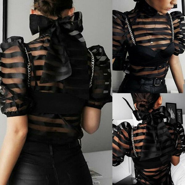 

2020 новая сетка танки sheer top женщин sexy back bow полосатый puff рукавом партии вечерние топы рубашки горячие продажа, White