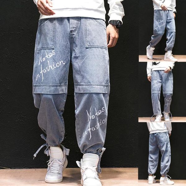 

мужские джинсы брюки одежда мужская повседневная мода лоскутная сыпучие упругие кулиской binding ножки джинсы брюки roupas masculina, Black