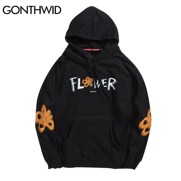 

gonthwid harajuku graffiti flowers print fleece hoodies sweatshirts hip hop pullover hooded streetwear 2020 casual outerwear, Black