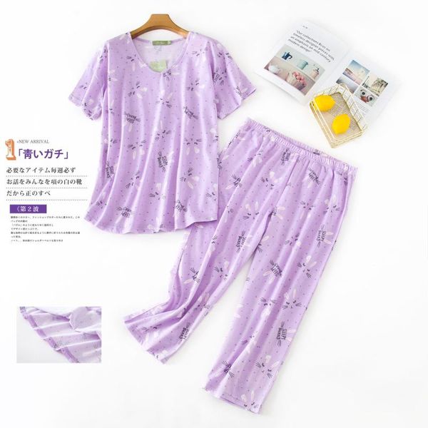 

plump woman large size pajamas spring and summer short-sleeved calf-length pants women's 100% cotton sleepwear home service set, Black;red