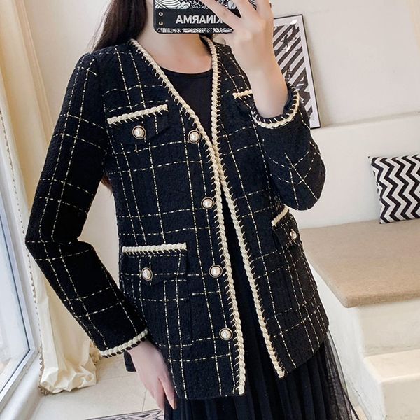 

2019 autumn new retro temperament tweed short coat fashion ladies long sleeve woven trim single-breasted plaid jacket outwear, Black